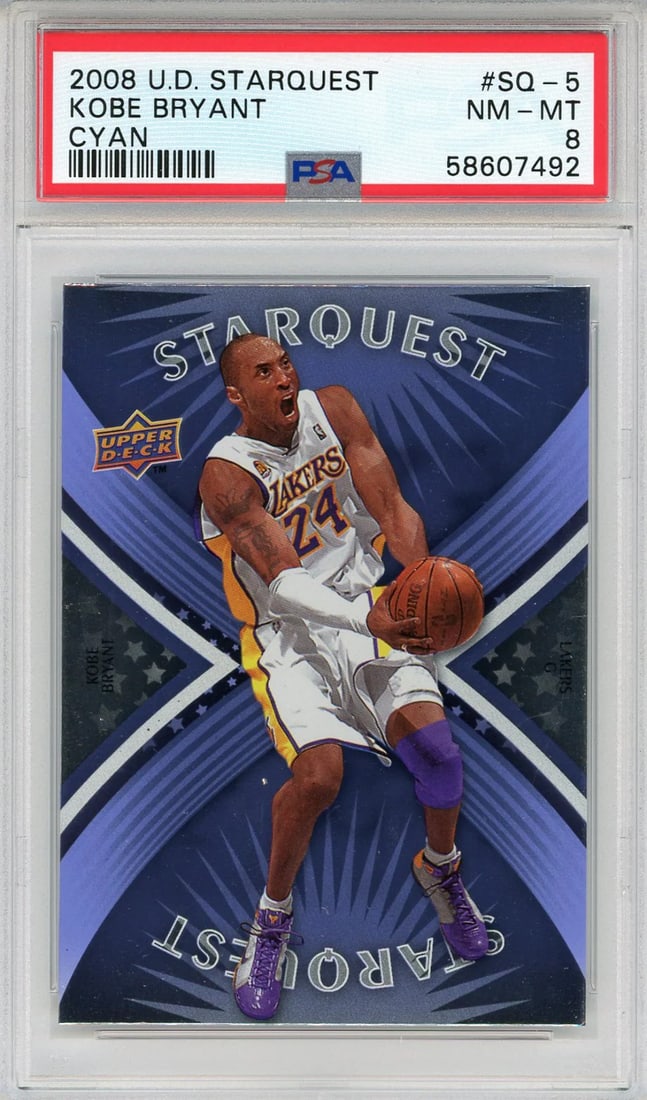Kobe Bryant 2008 Upper Deck Starquest Cyan Card #SQ-5 (PSA NM-MT 8): Kobe Bryant 2008 Upper Deck Starquest Cyan Card #SQ-5 (PSA NM-MT 8) PSA/DNA graded and slabbed, the 2008 Upper Deck Starquest Cyan Card #SQ-5 features a notable signature. This Near Mint-Mint 8 card s