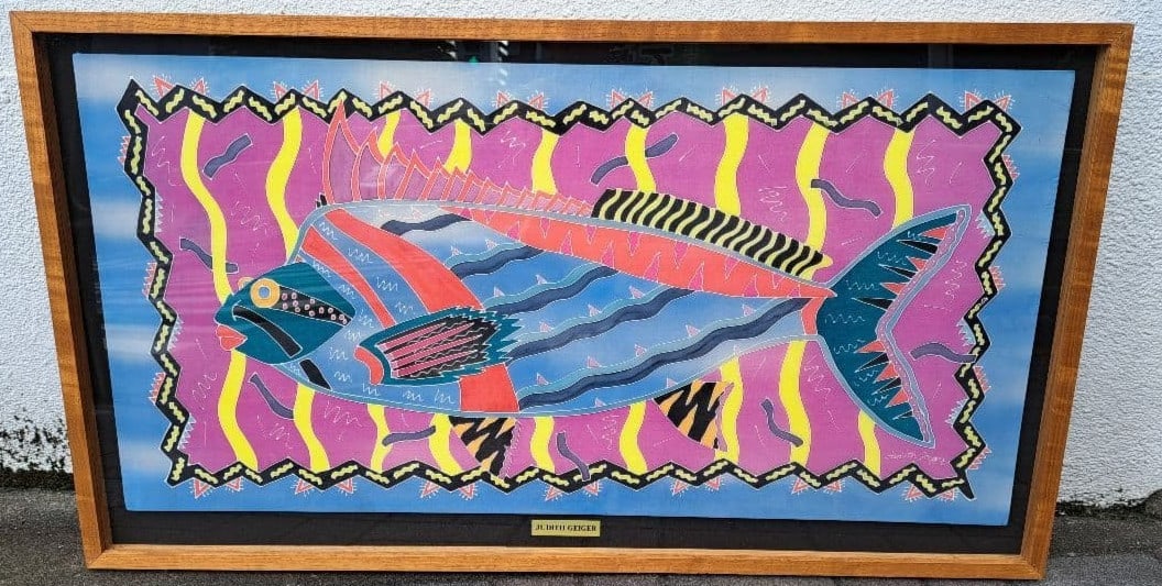 Judith Geiger signed silkscreen textile art fish coris large framed (1 of 10)