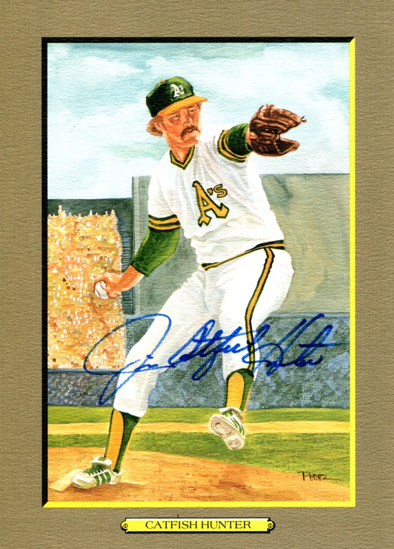 Jim Catfish Hunter Autographed Perez Steele Greatest Moments Card (JSA): Jim Catfish Hunter Autographed Perez Steele Greatest Moments Card (JSA) Signed by Jim Catfish Hunter in blue sharpie, this Perez Steele Greatest Moments card showcases the legendary baseball player's 