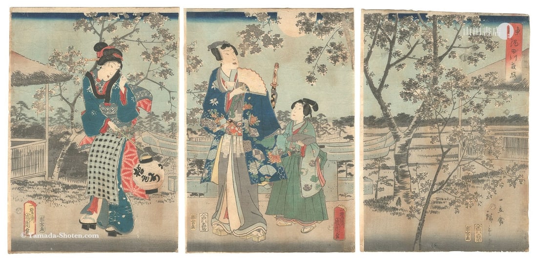 Woodblock Triptych Cherry Blossoms by Hiroshige II on Sumida River (1 of 1)