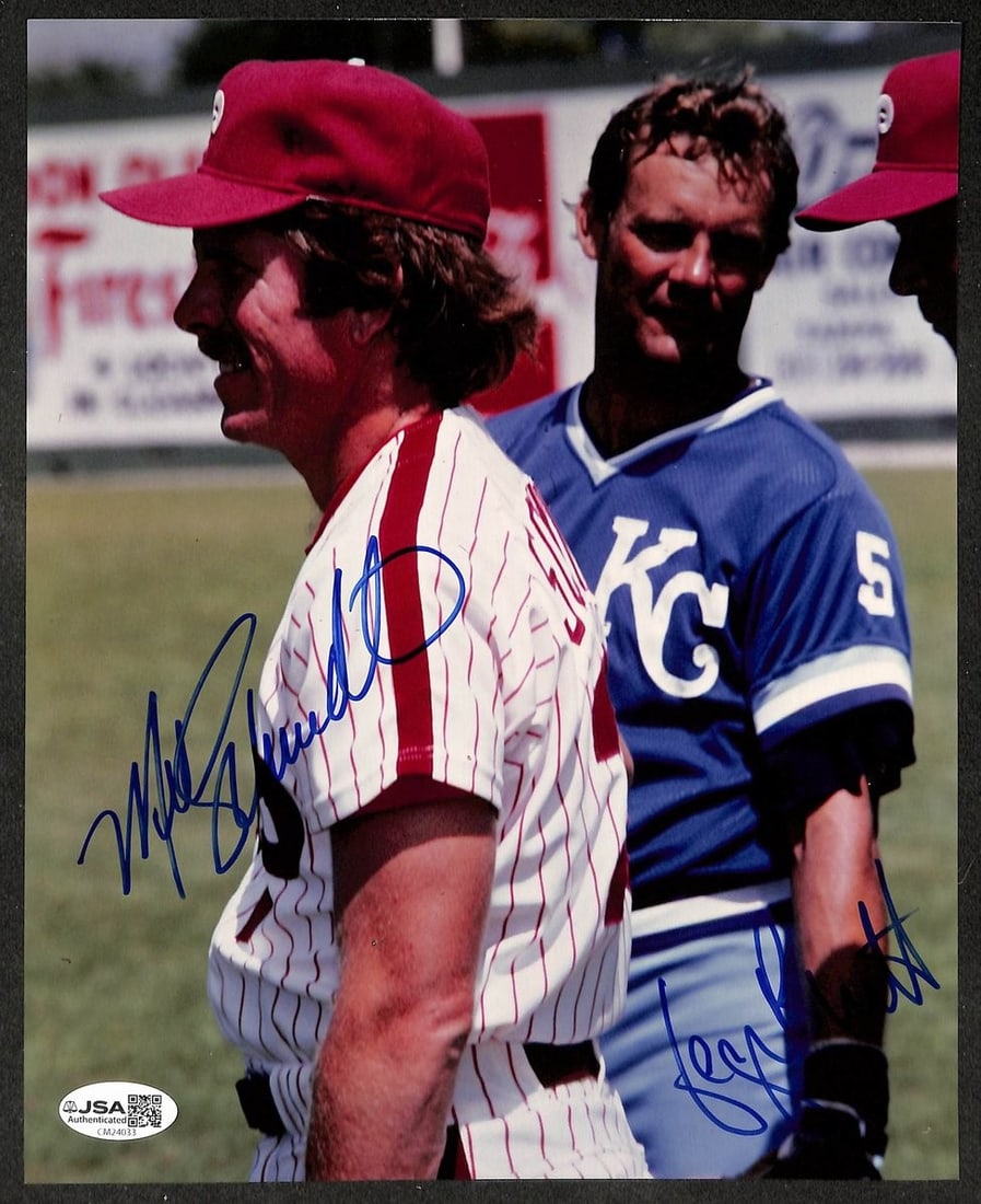 George Brett Schmidt Mike HOF Photo Signed Dual Autographed 8x10: George Brett Schmidt Mike HOF Photo Signed Dual Autographed 8x10 This dual autographed 8x10 photo features George Brett and Mike Schmidt, both baseball legends. The item bears signatures from these tw