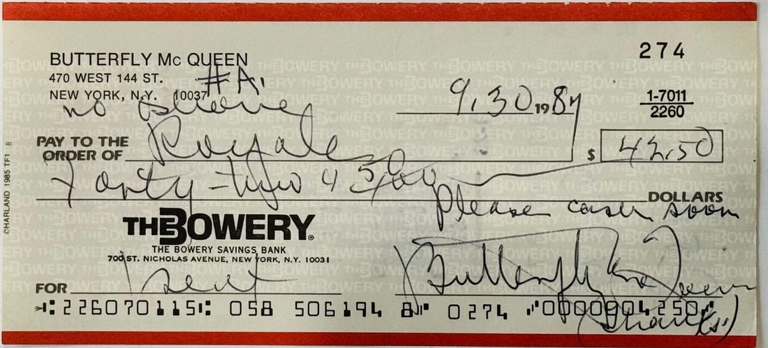 Butter McQueen Gone With the Wind American Actress Personal Check September 1987 (1 of 2)