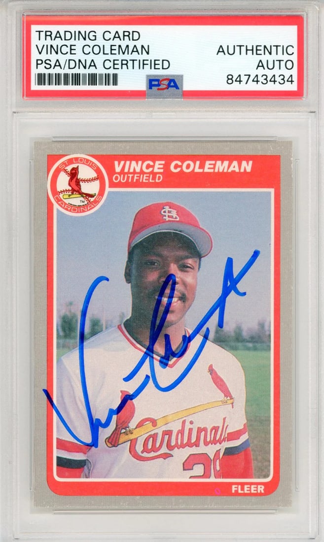 Coleman Vince Autographed Card 1985 Fleer Rookie PSA: Coleman Vince Autographed Card 1985 Fleer Rookie PSA Vince Coleman's 1985 Fleer Rookie Card #U-28, signed in blue sharpie across the front, is a rare and unique collectible. The card has been authenti