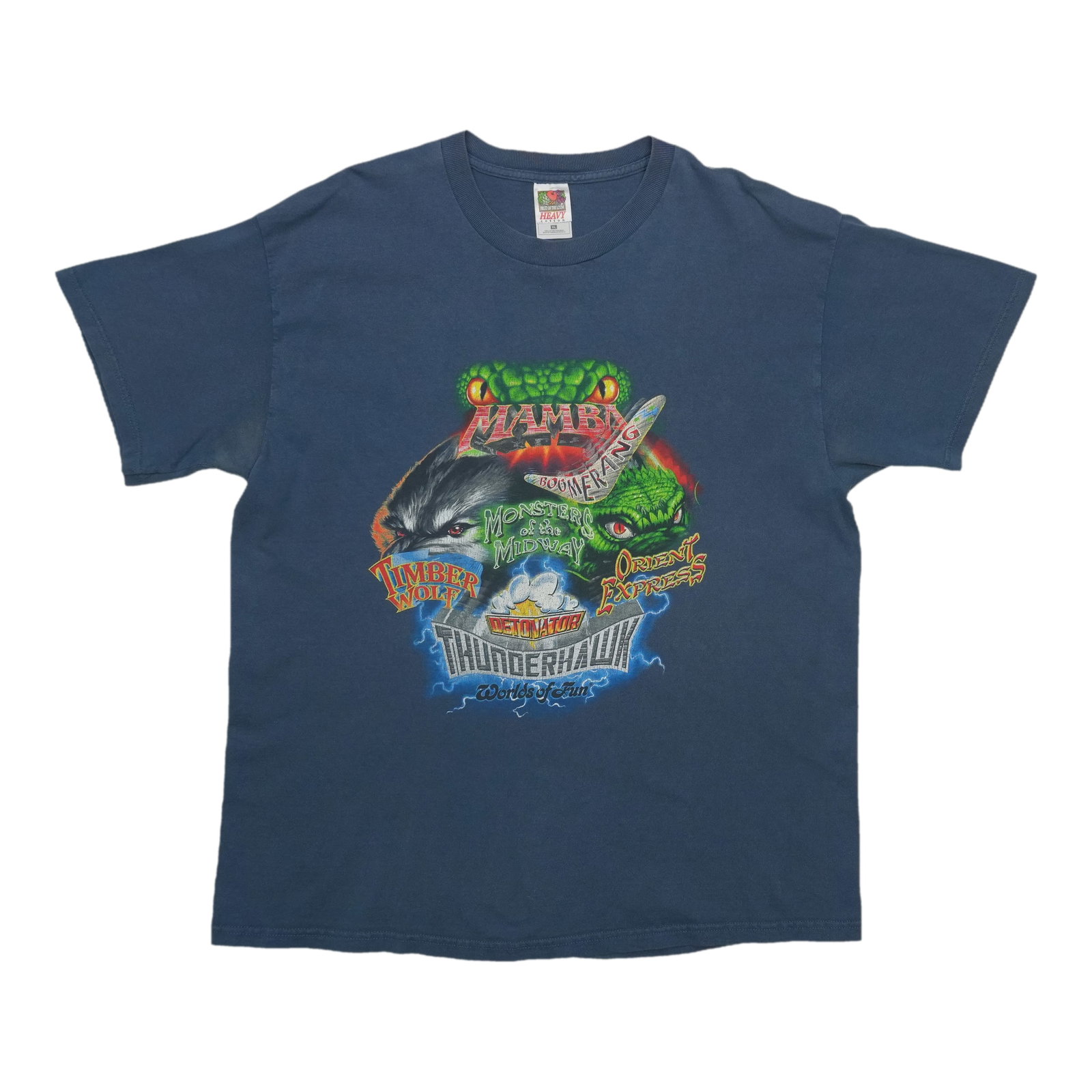 Worlds Of Fun Shirt 2002: Worlds Of Fun Shirt 2002 Extra Large Worlds Of Fun Shirt from 2002. This vintage shirt features a classic design with a blue color and measures 22" pit to pit front, 28" collar to hem front, and 28.75
