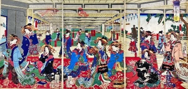 Japanese Woodblock Print Triptych Shin Yoshiwara Hiraizumi ro Ikkeisai Yoshiiku (1 of 1)
