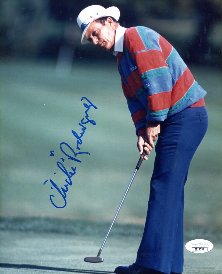 Rodriguez Chi Autographed Photo 8x10 JSA: Rodriguez Chi Autographed Photo 8x10 JSA Authentic Chi Chi Rodriguez signed photo, certified by James Spence Authentication. The 8x10 photo bears a blue sharpie signature across the front, accompanied