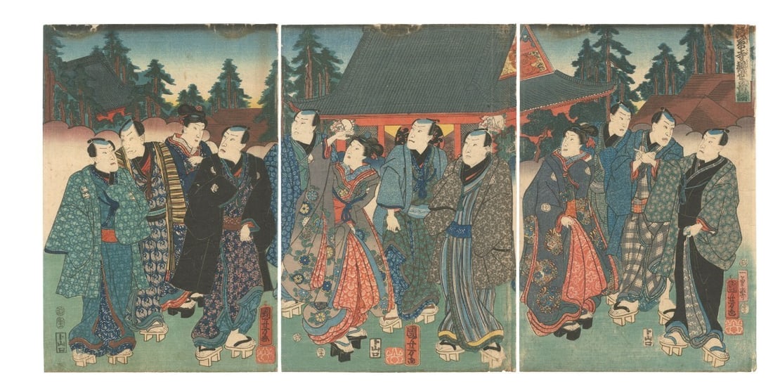 Pilgrimage Kuniyoshi Woodblock Print Asakusa Senso-ji Temple 1854: Pilgrimage Kuniyoshi Woodblock Print Asakusa Senso-ji Temple 1854 Item Specifics: Primary Material: Paper Type: Japanese Woodblock Print Color: Multi-Color Original/Reproduction: Antique Original Feat