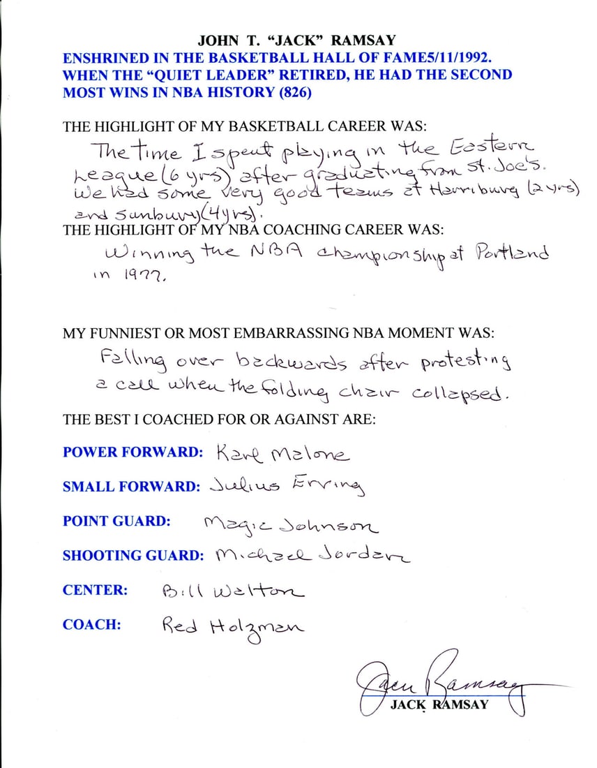 Jack Ramsey Autographed Hand Filled Out Survey Page (JSA) (1 of 2)