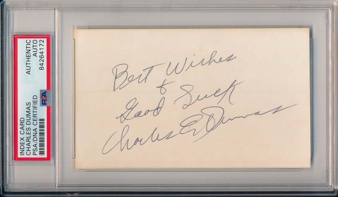 Charles Dumas USA Track Signed/ Inscribed 3x5 Index Card PSA/ DNA 156377: Charles Dumas USA Track Signed/ Inscribed 3x5 Index Card PSA/ DNA 156377 Item Specifics: Product: Index Card Olympic Sport: Olympics Original/Reprint: Original Autograph Authentication: PSA/DNA Team: