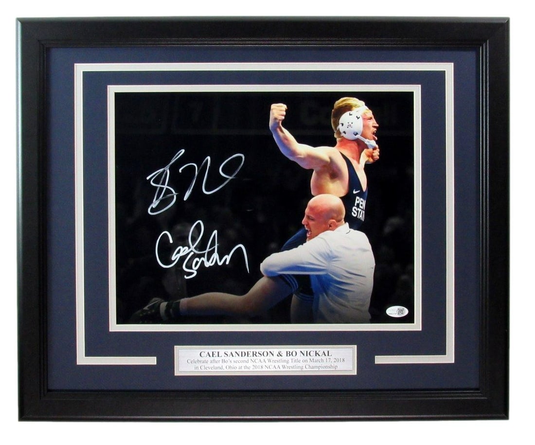 Bo Nickal/ Cael Sanderson Penn State Wrestling Signed 11x14 Photo Framed JSA 2706: Bo Nickal/ Cael Sanderson Penn State Wrestling Signed 11x14 Photo Framed JSA 2706 Item Specifics: Autograph Authentication: JSA League: NCAA Original/Reprint: Original Product: Photo Sport: Wrestling