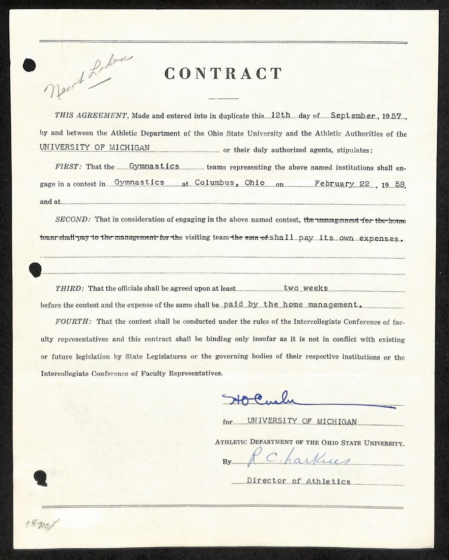 Michigan University Signed Crisler Fritz JSA 185593 Contract 1957 HOF CFB (1 of 3)
