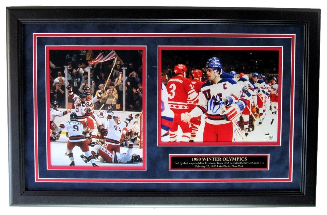 Mike Eruzione Autographed 8x10 "Miracle on Ice" Photo Collage Framed JSA 204953: Mike Eruzione Autographed 8x10 "Miracle on Ice" Photo Collage Framed JSA 204953 Item Specifics: Autograph Authentication: James Spence Authentication (JSA) Olympic Sport: Ice Hockey Original/Reprint: 