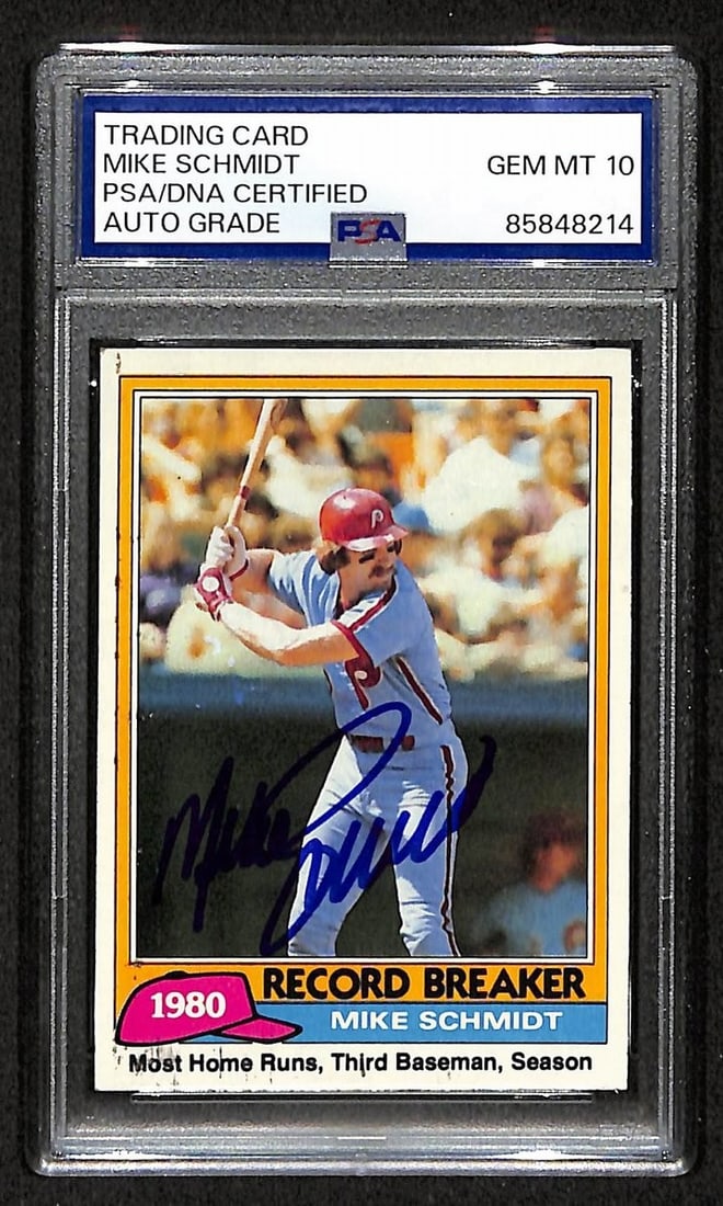 HOF Signed Auto Gem PSA DNA 1981 Topps Mike Schmidt #206 Phillies Card: HOF Signed Auto Gem PSA DNA 1981 Topps Mike Schmidt #206 Phillies Card Original 1981 Topps Mike Schmidt #206 Phillies Baseball Card with HOF Signed Auto, Gem Mint Condition, and DNA Authentication. Th
