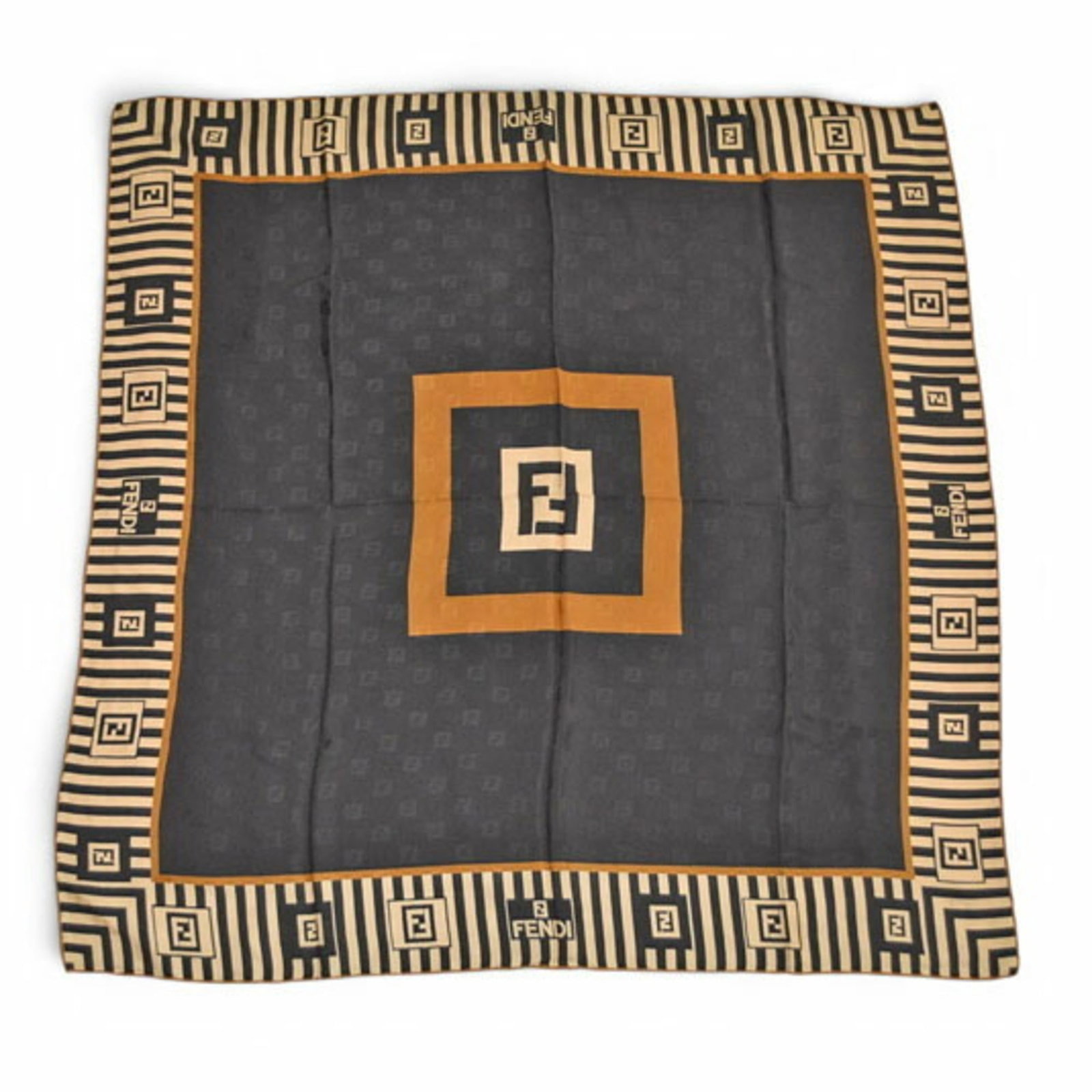 Fendi silk scarf: Fendi silk scarf Silk scarf from Fendi, made in Italy with a subtle beige color and a sleek black option. The scarf measures 86cm x 86cm, offering a generous size for wrapping or styling. Made from