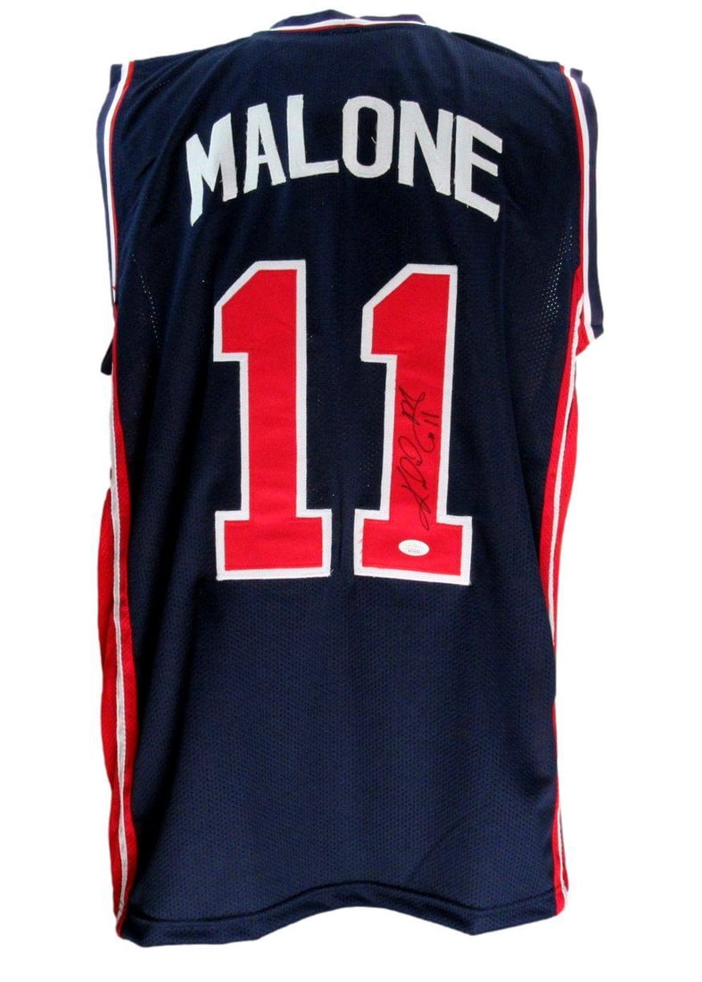Karl Malone HOF Signed Navy Custom Basketball Jersey Auto Dream Team JSA 190528: Karl Malone HOF Signed Navy Custom Basketball Jersey Auto Dream Team JSA 190528 Item Specifics: Original/Reprint: Original Product: Jersey Signed: YES Product Disclaimer: Not affiliated with any team
