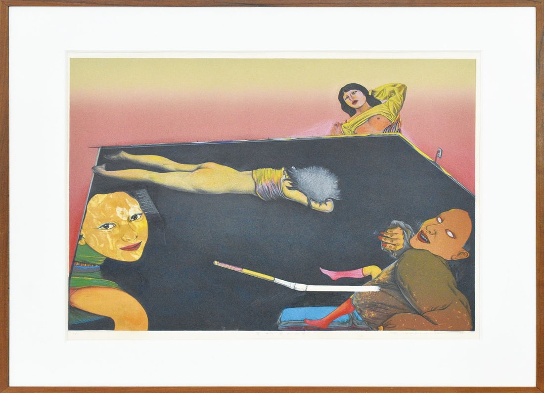 Fumio Tamura 1977 Lithograph Collage Drama of Trapezoid Hand Colored Signed (1 of 2)