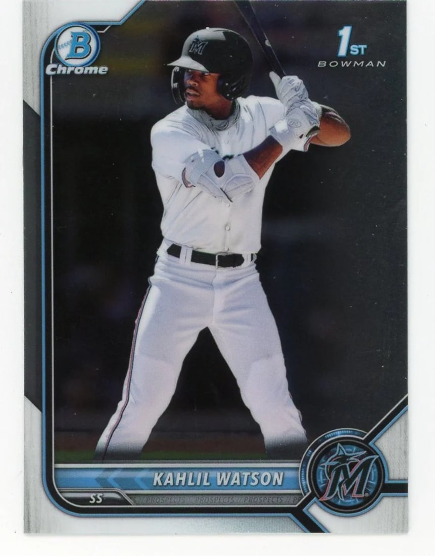 Kahlil Watson 2022 Topps 1st Bowman Chrome #BCP-3 Card: Kahlil Watson 2022 Topps 1st Bowman Chrome #BCP-3 Card Kahlil Watson's 2022 Topps 1st Bowman Chrome #BCP-3 Card is a highly collectible baseball card featuring the rookie player. This card showcases K