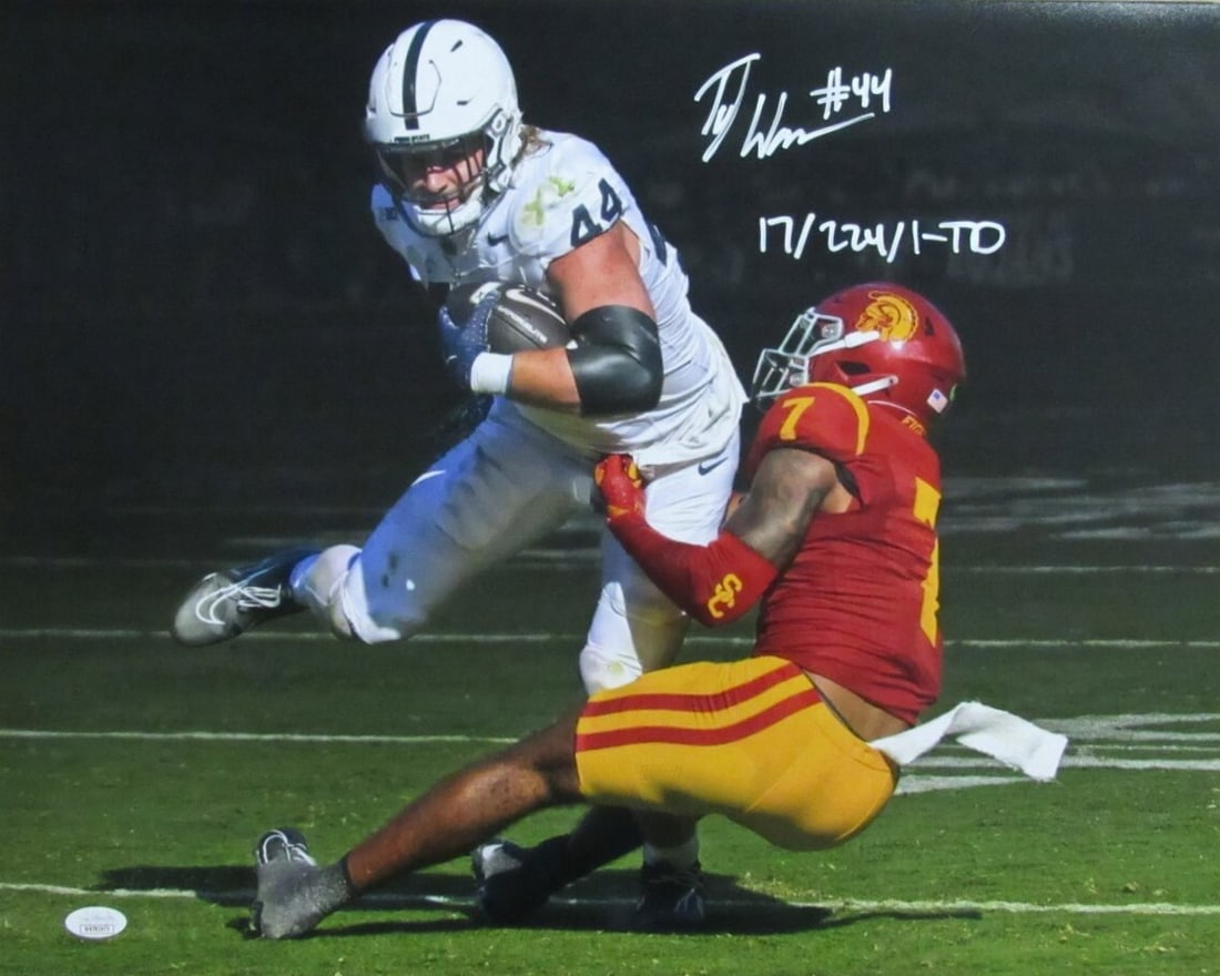 Tyler Warren Signed/ Inscribed 16x20 Photo Penn State VS. USC JSA 191927: Tyler Warren Signed/ Inscribed 16x20 Photo Penn State VS. USC JSA 191927 Tyler Warren's signature on this 16x20 photo captures the excitement of Penn State's matchup against USC, immortalizing the mom