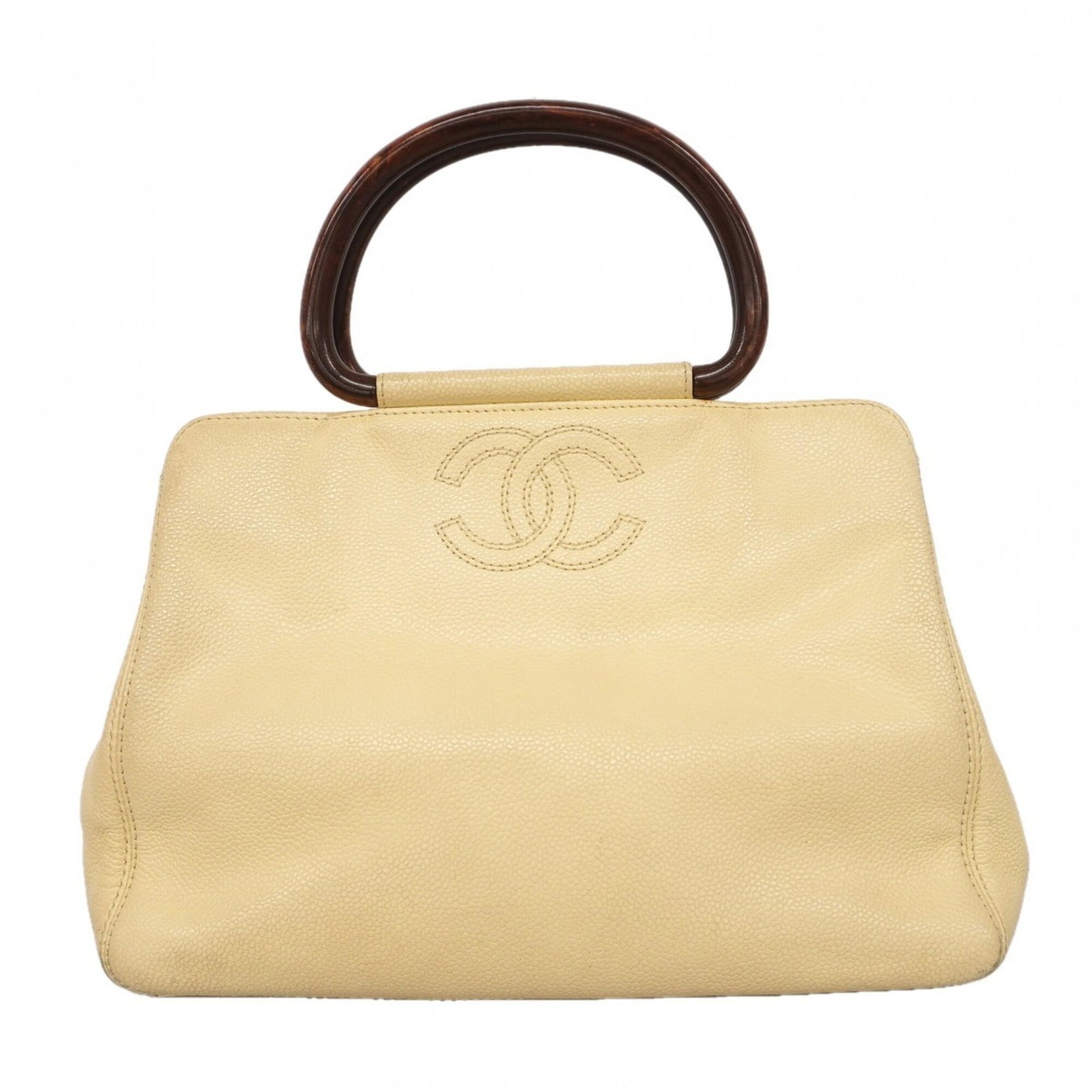 Chanel calfskin handbag: Chanel calfskin handbag Grained calfskin and gold hardware come together in this elegant ivory Chanel handbag, measuring 21cm x 26cm x 8cm. The classic design showcases the timeless appeal of Chanel's
