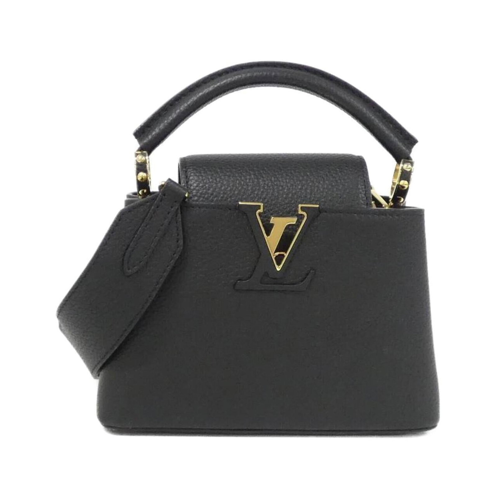 Handbag by Louis Vuitton: Handbag by Louis Vuitton Black Louis Vuitton handbag with gold hardware, measuring 14cm x 21cm x 8cm and weighing 550g. The bag features a sturdy design with a 20cm handle and adjustable strap length 