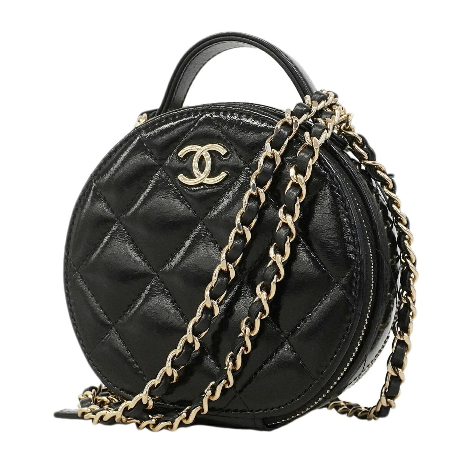 Handbag by Chanel: Handbag by Chanel Black Chanel handbag with champagne gold hardware, measuring 11cm x 12cm x 6.5cm in size. This compact bag features a classic design that exudes timeless elegance. Its sleek black