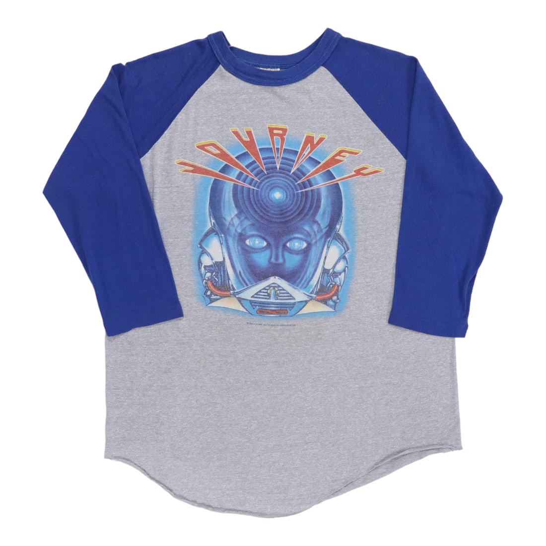 1983 Journey Frontiers Tour Jersey Shirt: 1983 Journey Frontiers Tour Jersey Shirt Gray 1983 Journey Frontiers Tour Jersey Shirt. This vintage shirt features front and back graphics, with sleeves showing signs of wear from holes and discolora