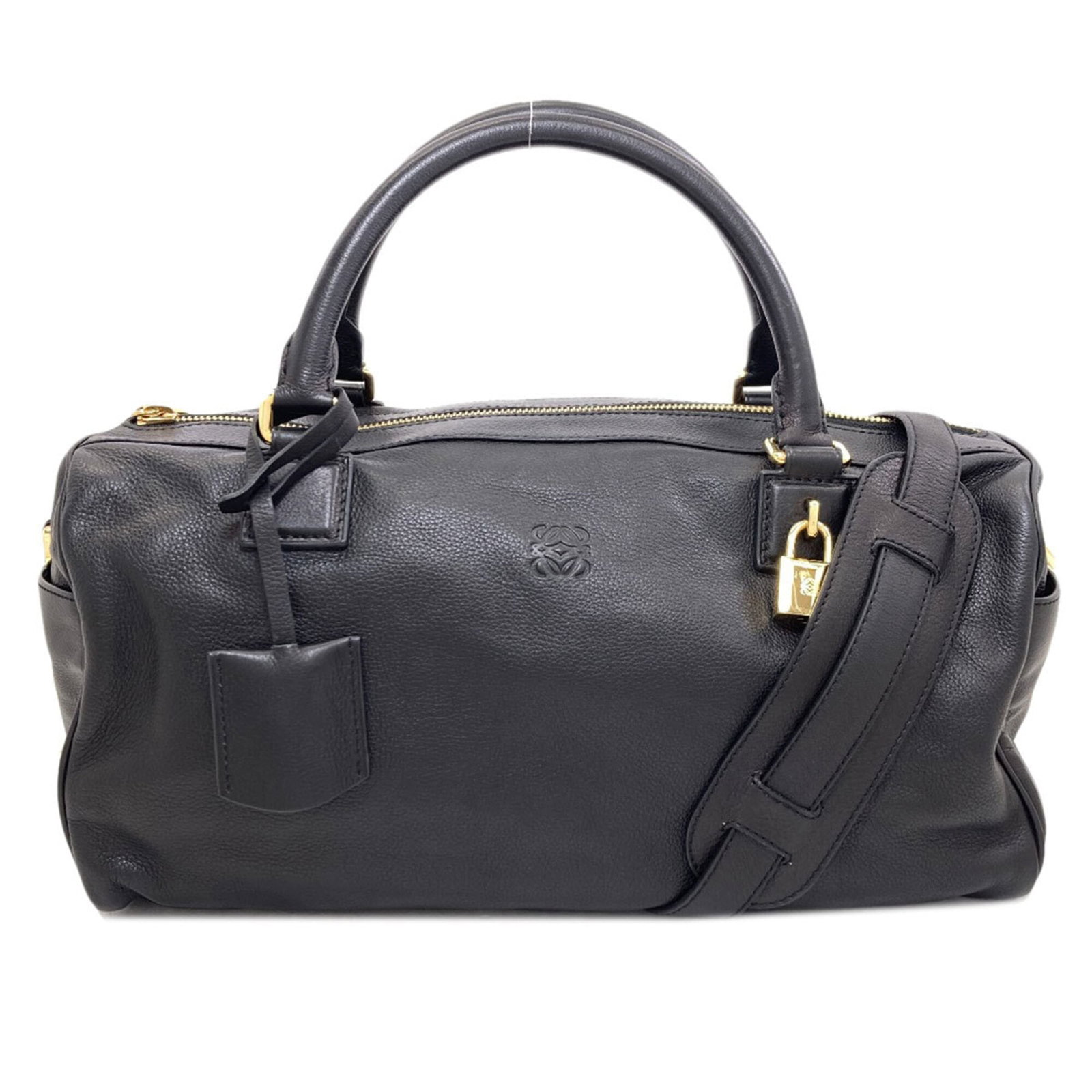 Handbag Leather by Loewe: Handbag Leather by Loewe Black lambskin Loewe Amazona handbag with zipper closure, featuring a structured design and adjustable strap length. The bag measures 18cm x 35cm x 14cm and has a handle