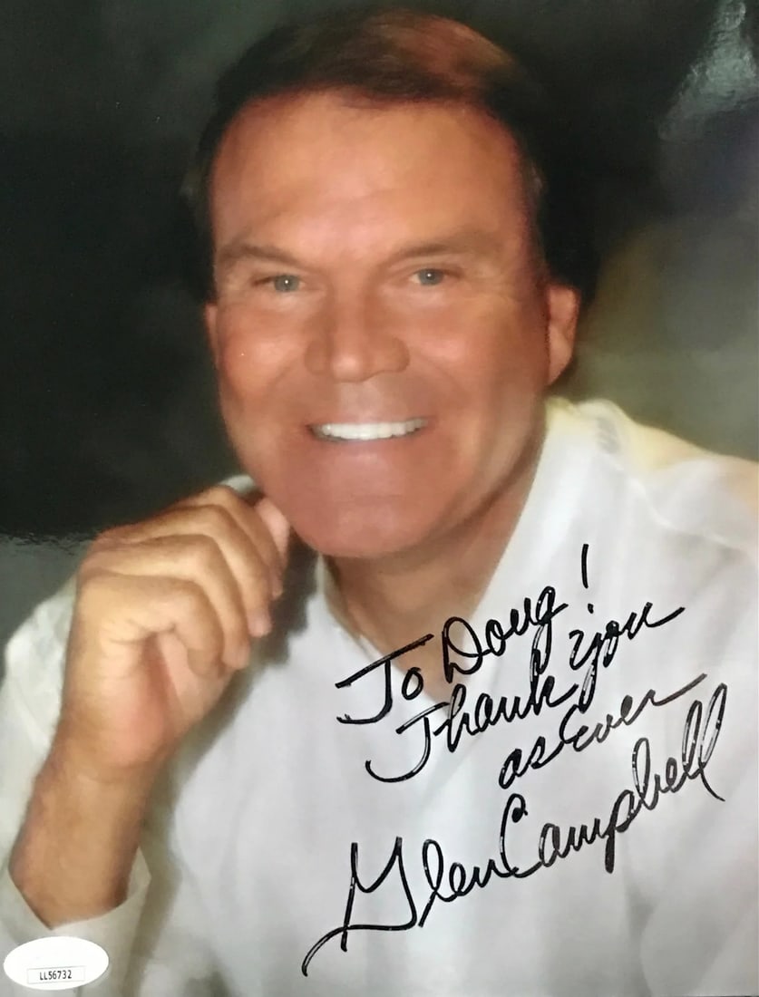 Campbell Glen Autographed Photo 8x10 JSA: Campbell Glen Autographed Photo 8x10 JSA Item Specifics: Glen Campbell Autographed 8x10 Photo (JSA) Signed in black pen on the front of the Photo with inscription "To Doug Thank You as Ever". Product 