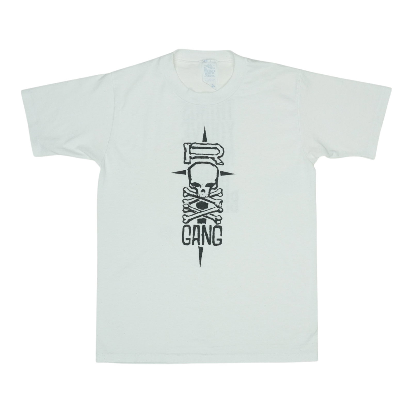 1990s Roxx Gang Shirt: 1990s Roxx Gang Shirt White 1990s Roxx Gang Shirt with front and back graphics. This vintage shirt features a classic design, measuring 18" pit to pit front and 26.5" collar to hem, with a relaxed fit