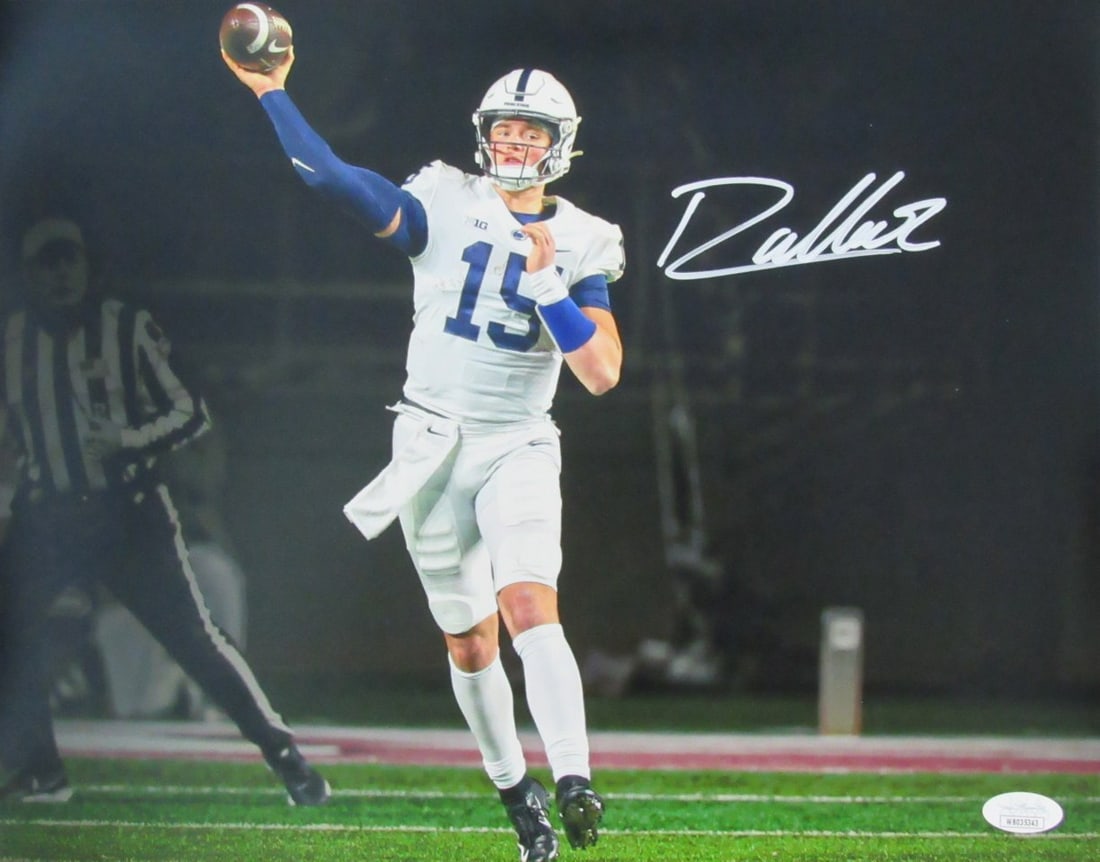 Drew Allar Autographed 11x14 Photo Penn State JSA 182893: Drew Allar Autographed 11x14 Photo Penn State JSA 182893 Drew Allar, the legendary Penn State quarterback, has signed this 11x14 photo. The item bears the JSA authentication mark, verifying its legiti