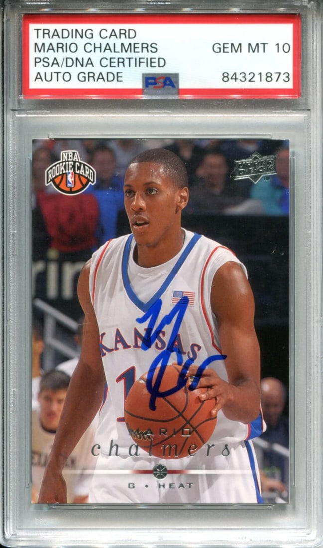 Mario Chalmers Autographed 2008-09 Upper Deck Rookie Card (PSA): Mario Chalmers Autographed 2008-09 Upper Deck Rookie Card (PSA) PSA-graded, Mario Chalmers' 2008-09 Upper Deck Rookie Card features his sharpie signature across the front in blue. The card has been au
