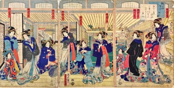 Utagawa Kunisada Kochoro Edo Art Ukiyo e Print Japanese Woodblock Triptych: Utagawa Kunisada Kochoro Edo Art Ukiyo e Print Japanese Woodblock Triptych Item Specifics: Artist: Utagawa Kunisada (Kochoro Toyokuni III) Subject: Interior Scene Material: Washi Paper Style: Japanese