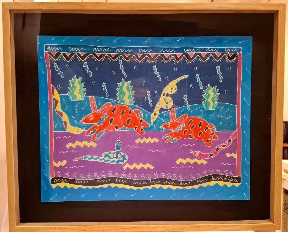 Judith Geiger Snakes and Bunnies Textile Art Signed Framed: Judith Geiger Snakes and Bunnies Textile Art Signed Framed Item Specifics: Artist: Judith Geiger Unit Of Sale: Single Piece Signed By: Judith Geiger Size: Medium Signed: Yes Material: Acrylic Fabric F