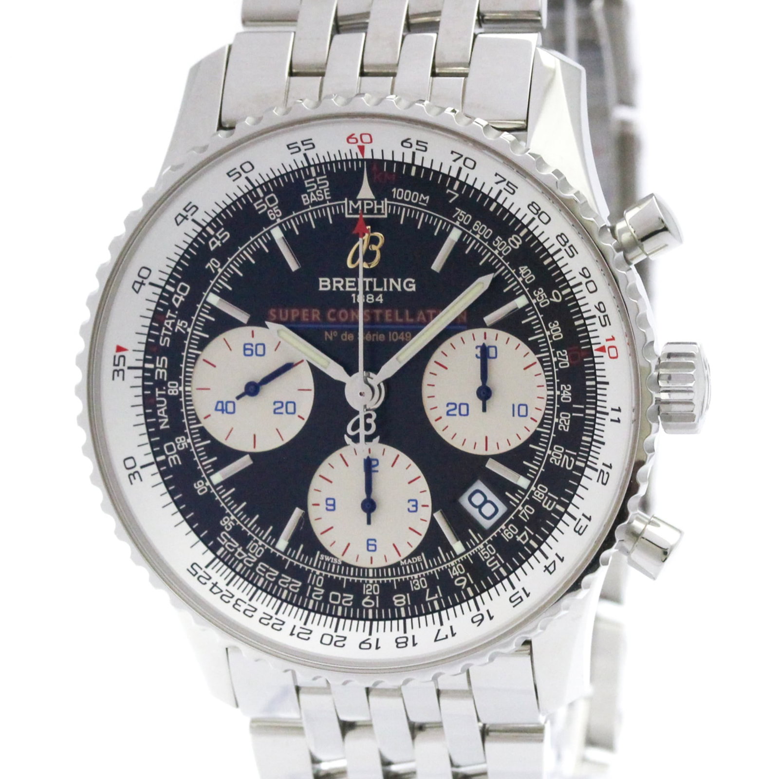 Wristwatch by Breitling: Wristwatch by Breitling Stainless steel case and band, the Breitling Navitimer watch boasts a sleek black dial. Powered by a self-winding automatic movement, this chronograph features date functionali
