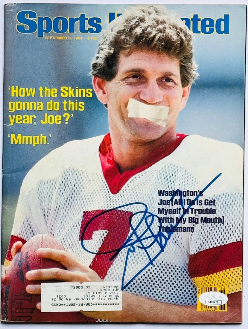 Joe Theismann Autographed Sports Illustrated September 3 1984 (JSA): Joe Theismann Autographed Sports Illustrated September 3 1984 (JSA) Signed in blue sharpie across the front of Sports Illustrated magazine on September 3, 1984, by Joe Theismann. This unique piece