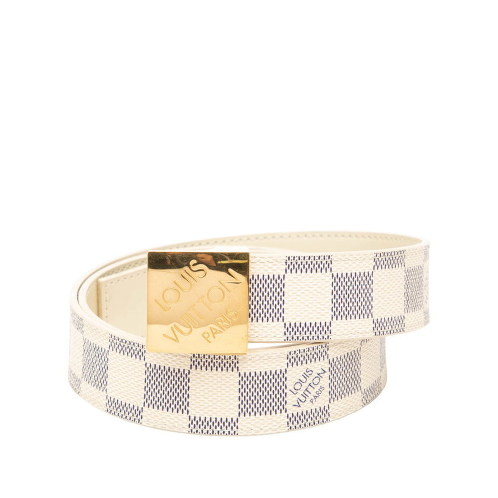 Louis Vuitton standard belt: Louis Vuitton standard belt Standard Louis Vuitton belt with white PVC and leather strap, available in lengths from 79.5cm to 89cm. The belt features a classic design with a signature logo on the