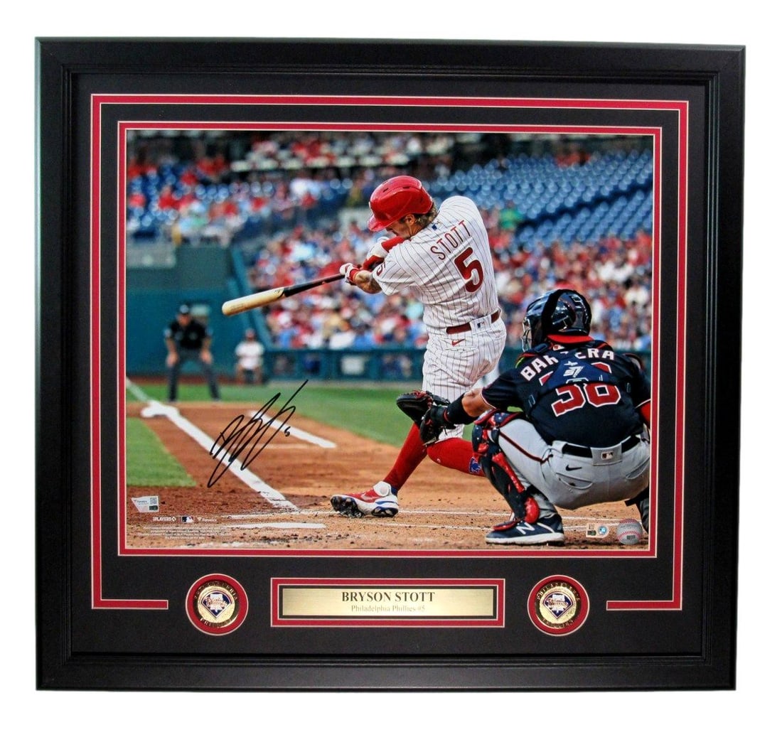 Signed Bryson Stott Phillies Photo Framed Fanatics Autographed 16x20 197600: Signed Bryson Stott Phillies Photo Framed Fanatics Autographed 16x20 197600 Signed Bryson Stott Phillies Photo Framed Fanatics Autographed 16x20 197600 - A unique piece of baseball memorabilia, featur
