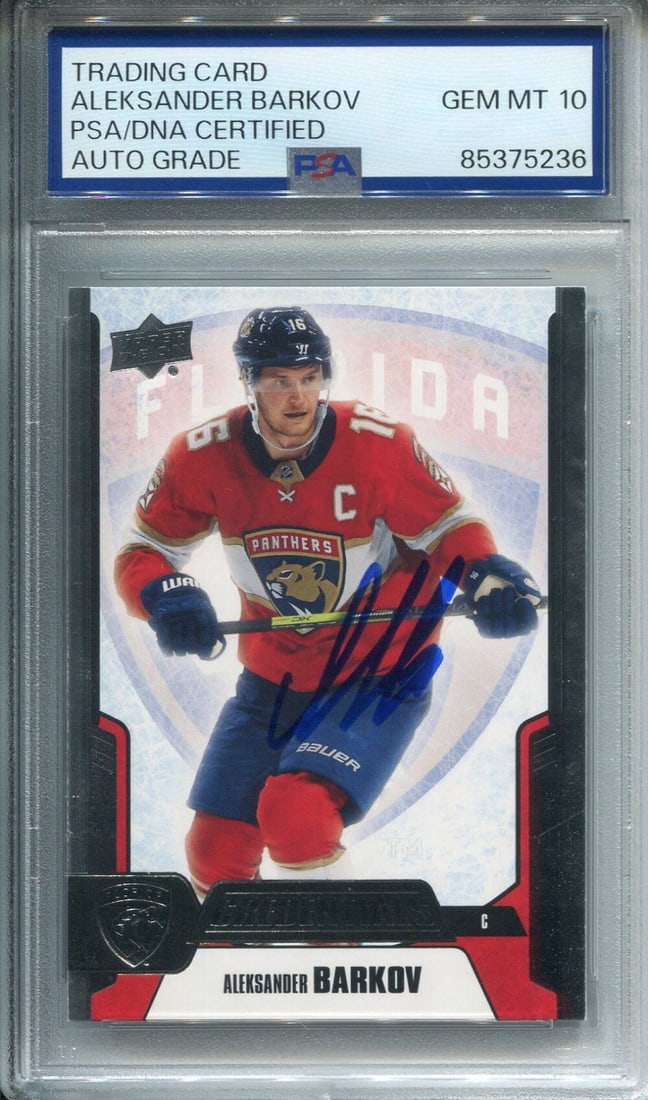 Upper deck card autographed by Aleksander Barkov PSA auto grade 10: Upper deck card autographed by Aleksander Barkov PSA auto grade 10 Aleksander Barkov's Upper Deck card boasts a PSA auto grade of 10, showcasing the precision and skill of this NHL superstar. This aut