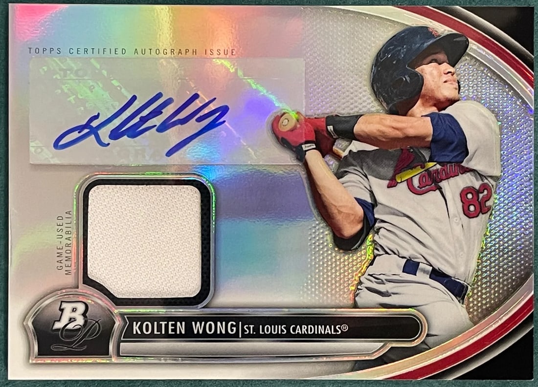 Wong Autographed 2013 Bowman Platinum Jersey Card Kolten: Wong Autographed 2013 Bowman Platinum Jersey Card Kolten Kolten Wong's 2013 Bowman Platinum Jersey Card features an autographed piece, bearing his signature. This card showcases the St. Louis Cardinal