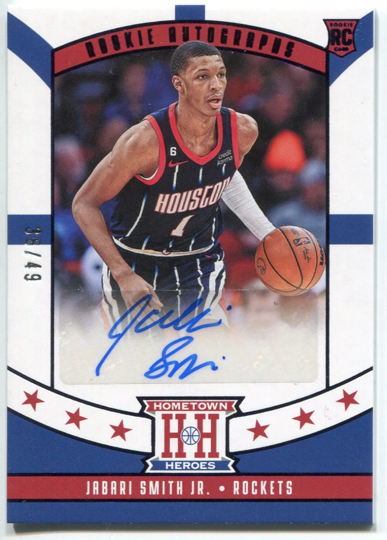 Smith Jr Autographed 2022 Panini Chronicles Heroes Rookie Card: Smith Jr Autographed 2022 Panini Chronicles Heroes Rookie Card Signed by Jabari Smith Jr, the rookie card from Panini's 2022 Chronicles Hometown Heroes set features a unique autograph on a /49 print