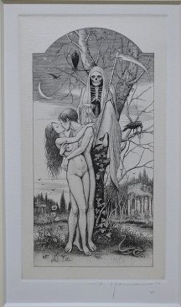 Signed Copperplate Engraving by Mutsumi Yamamoto Eros Thanatos Print 1997: Signed Copperplate Engraving by Mutsumi Yamamoto Eros Thanatos Print 1997 Item Specifics: Artist: Mutsumi Yamamoto Subject: copperplate engraving Material: Paper Style: Japanese Size: 32 x 26.5 cm Yea