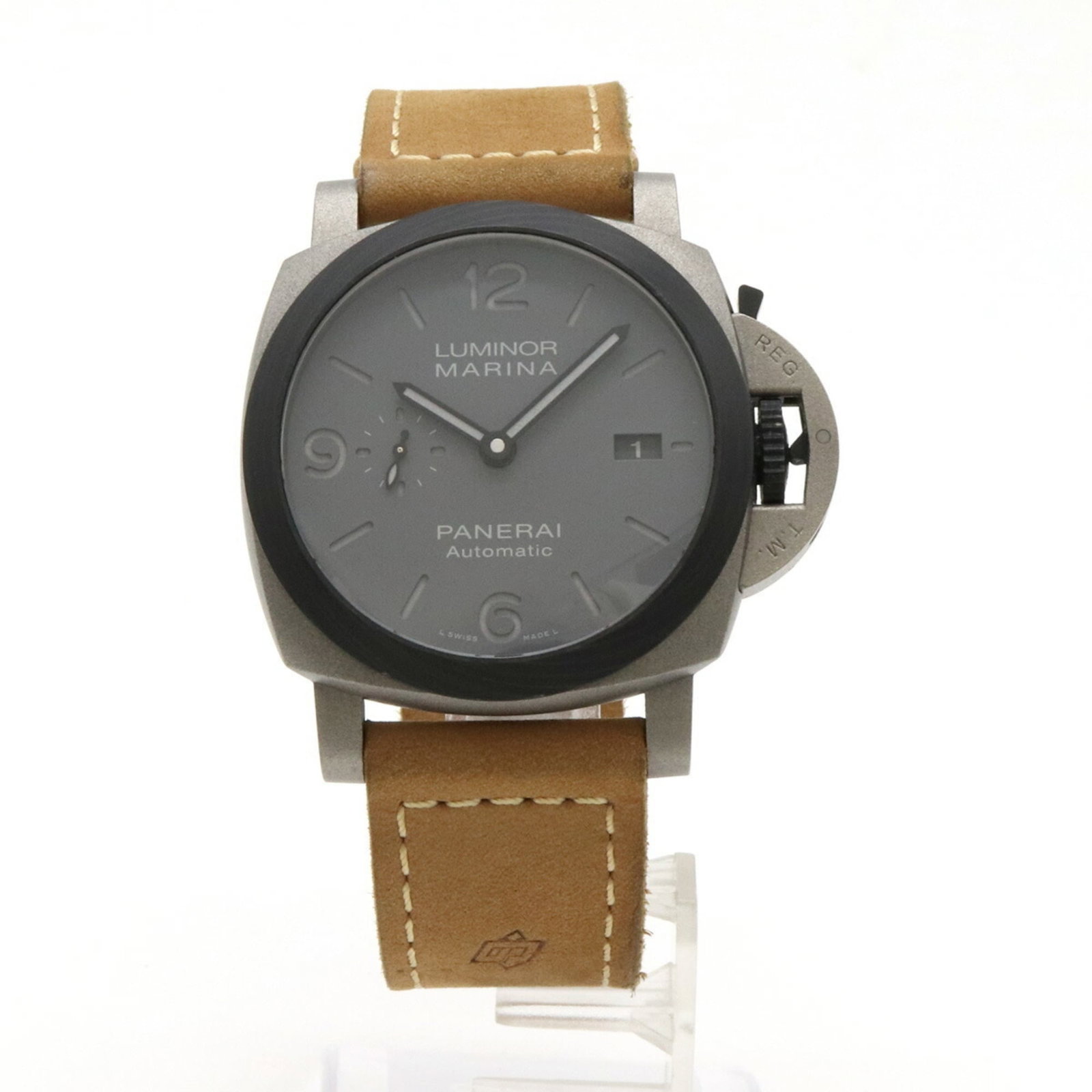 Wristwatch By Panerai: Wristwatch By Panerai Titanium case and leather band complement the gray dial, while the self-winding automatic movement powers this 44mm timepiece. A certificate, inner box, and manual are included