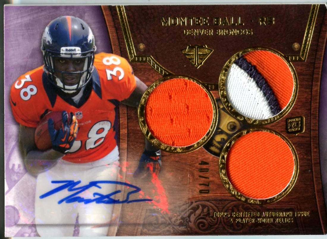 Montee Ball 2013 Topps Triple Patch/ Autographed Rookie Card #40/ 70: Montee Ball 2013 Topps Triple Patch/ Autographed Rookie Card #40/ 70 Topps Montee Ball 2013 Topps Triple Patch/Autographed Rookie Card #40/70. This card features an autograph and a unique triple