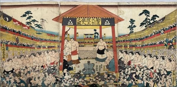Toyokuni Woodblock Print Triptych Sumo Ring Entry Ceremony Dohyo iri Ukiyo e: Toyokuni Woodblock Print Triptych Sumo Ring Entry Ceremony Dohyo iri Ukiyo e Item Specifics: Artist: Utagawa Toyokuni Subject: Sumo Wrestling Ceremony Material: Paper Style: Japanese Product