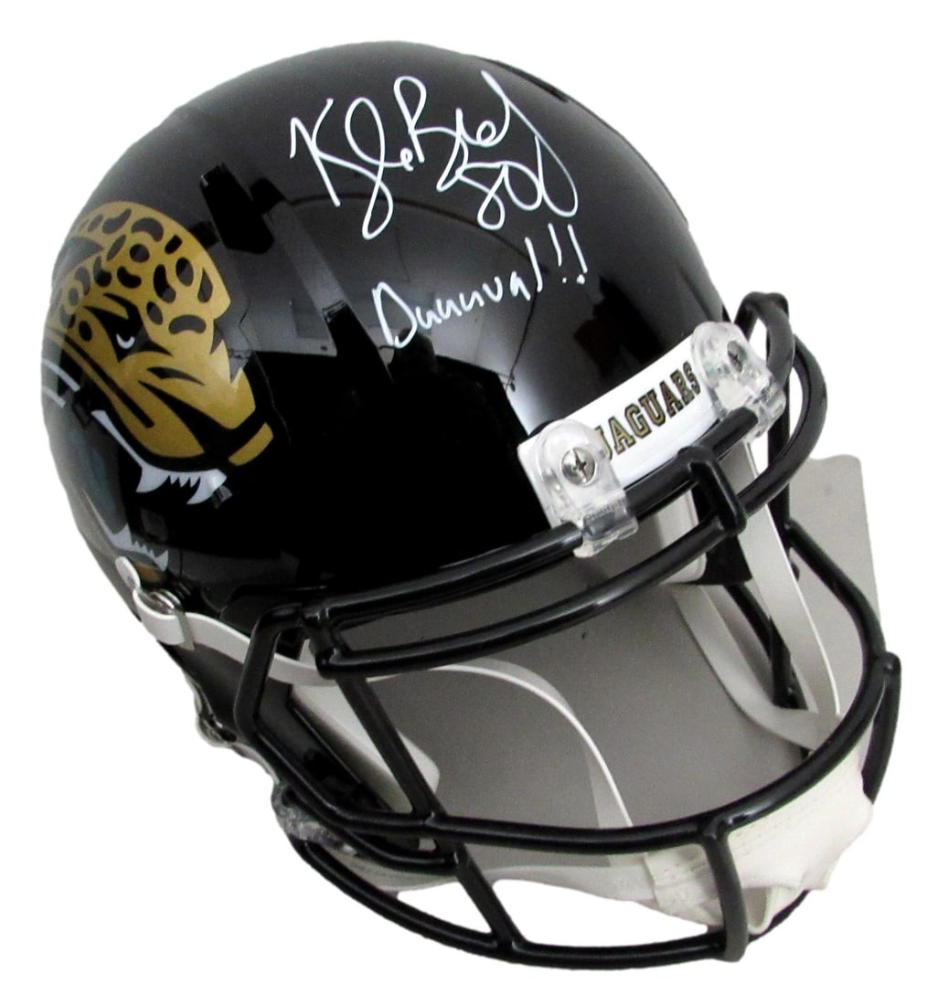 Signed replica helmet by Kyle Brady full speed black jaguars jsa 208103: Signed replica helmet by Kyle Brady full speed black jaguars jsa 208103 Signed replica helmet by Kyle Brady, full speed black Jaguars JSA #208103. This officially licensed football helmet features an