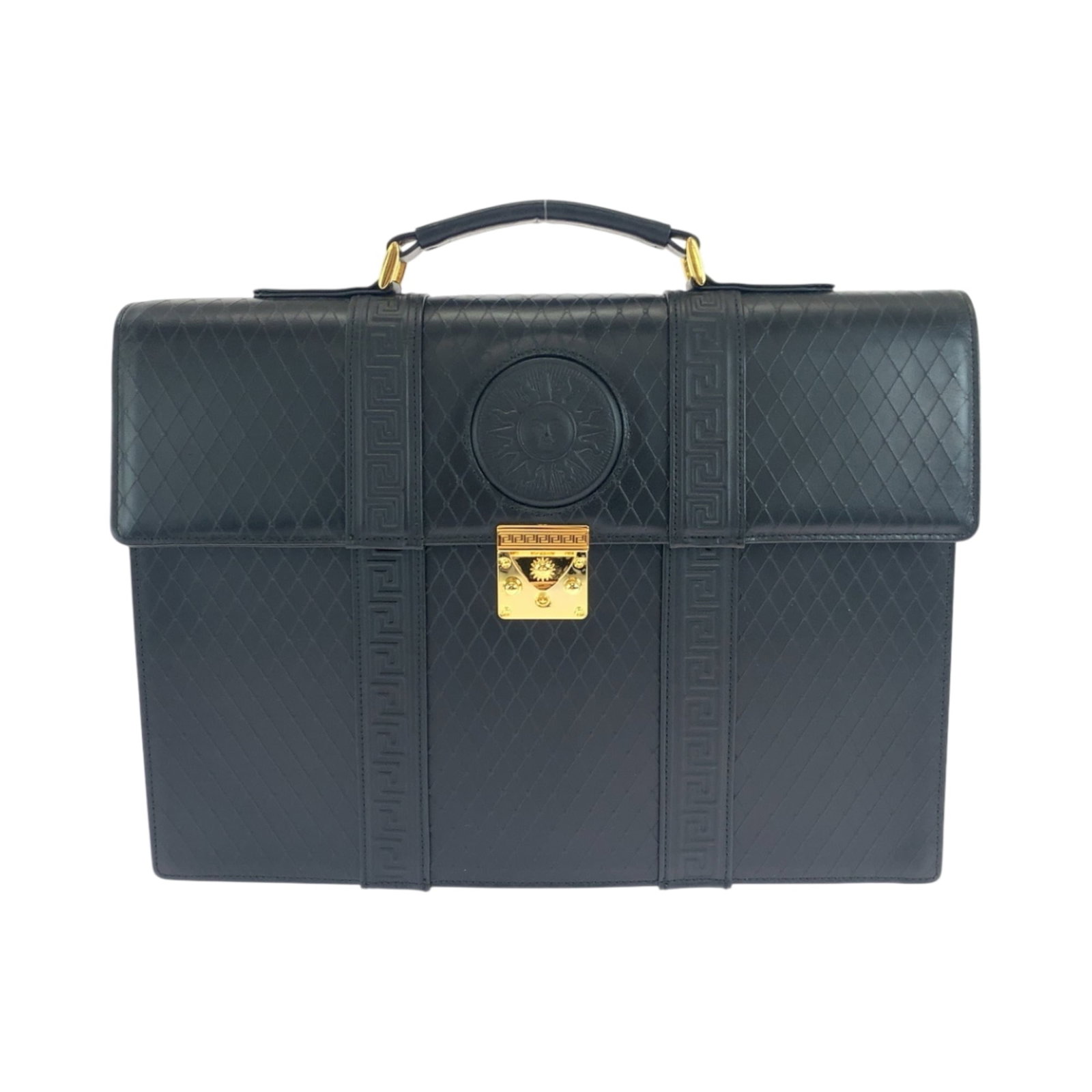 Handbag Briefcase Versace Leather: Handbag Briefcase Versace Leather Versace Leather Briefcase with Gold Hardware. This black leather briefcase features gold hardware, making it a stylish and sophisticated accessory for everyday use.