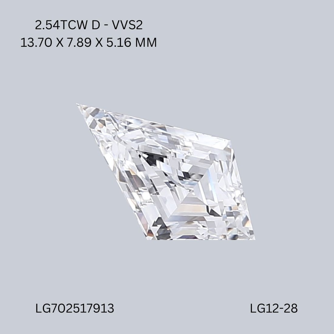 IGI Kite 2.54ct D VVS2 - Loose Lab Diamond: IGI Kite 2.54ct D VVS2 - Loose Lab Diamond Item Specifics: Source: This Is A Real Diamond Grown In A Lab Not Mined. Carat: 2.54 Cut: - Color: D Clarity: VVS2 Polish: EX Symmetry: EX Measurements: 13.7