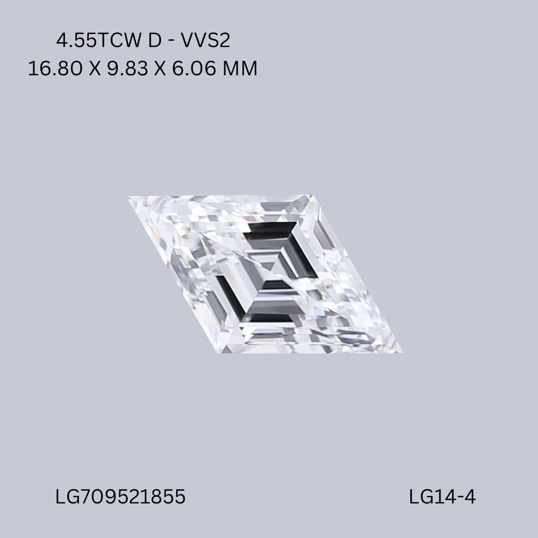 IGI Lozenge 4.55ct D VVS2 - Loose Lab Diamond: IGI Lozenge 4.55ct D VVS2 - Loose Lab Diamond Item Specifics: Source: This Is A Real Diamond Grown In A Lab Not Mined. Carat: 4.55 Cut: - Color: D Clarity: VVS2 Polish: EX Symmetry: EX Measurements: 1
