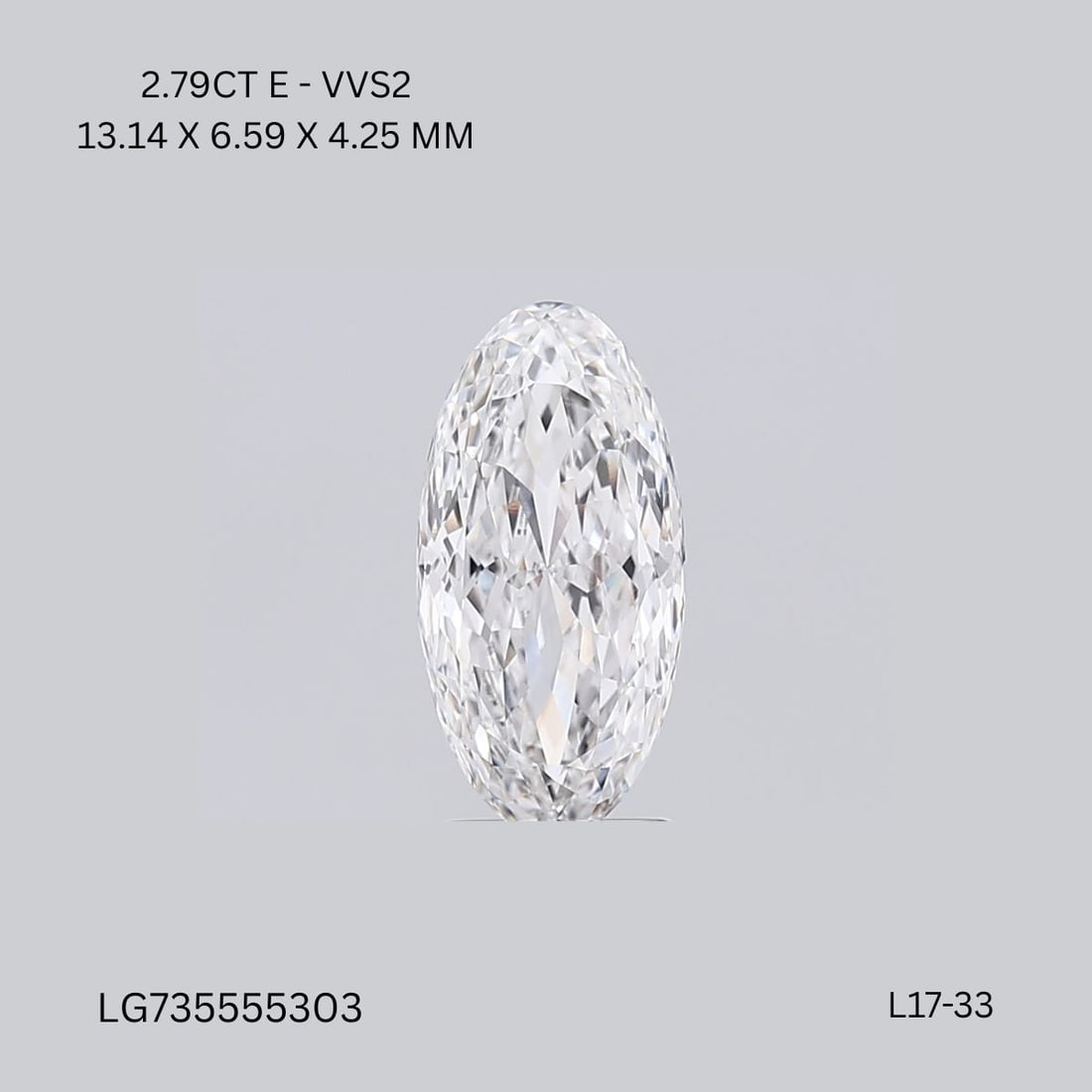 IGI Oval 2.79ct E VVS2 - Loose Lab Diamond: IGI Oval 2.79ct E VVS2 - Loose Lab Diamond Item Specifics: Source: This Is A Real Diamond Grown In A Lab Not Mined. Carat: 2.79 Cut: - Color: E Clarity: VVS2 Polish: EX Symmetry: EX Measurements: 13.1