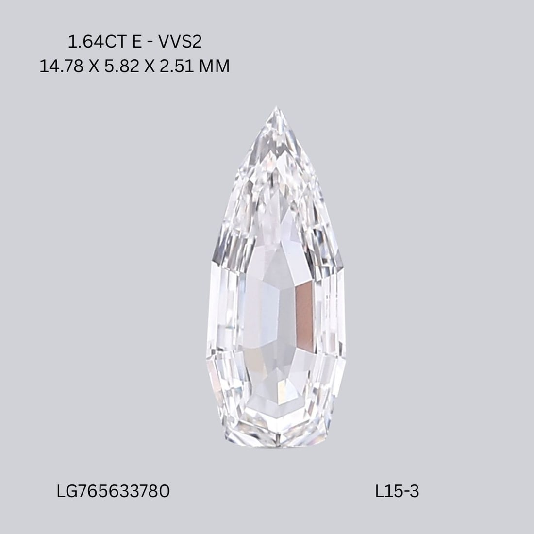 IGI Pear 1.64ct E VVS2 - Loose Lab Diamond: IGI Pear 1.64ct E VVS2 - Loose Lab Diamond Item Specifics: Source: This Is A Real Diamond Grown In A Lab Not Mined. Carat: 1.64 Cut: - Color: E Clarity: VVS2 Polish: EX Symmetry: EX Measurements: 14.7